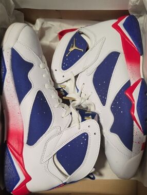 Jordan White Blue Gold Air Jordan 7 Retro Box Label SIZE 9.5 MENS 100% Authentic